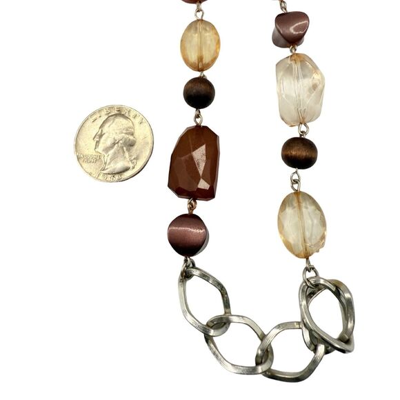 VTG Brown & Gold Tone Icy Glass Beaded Station Necklace 30" Silver Tone Boho - Picture 7 of 9